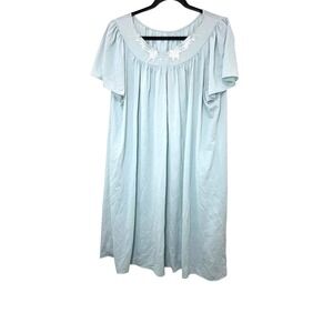 Light Blue Embroidered Floral Short Sleeve Nightgown Pleated Flowy Fit Size L